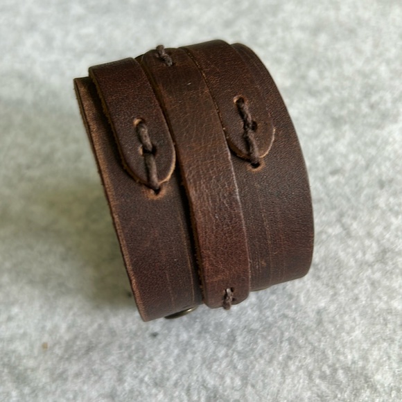 Boho Brown wide leather adjustable 2 snap closure bracket unisex - Picture 2 of 9